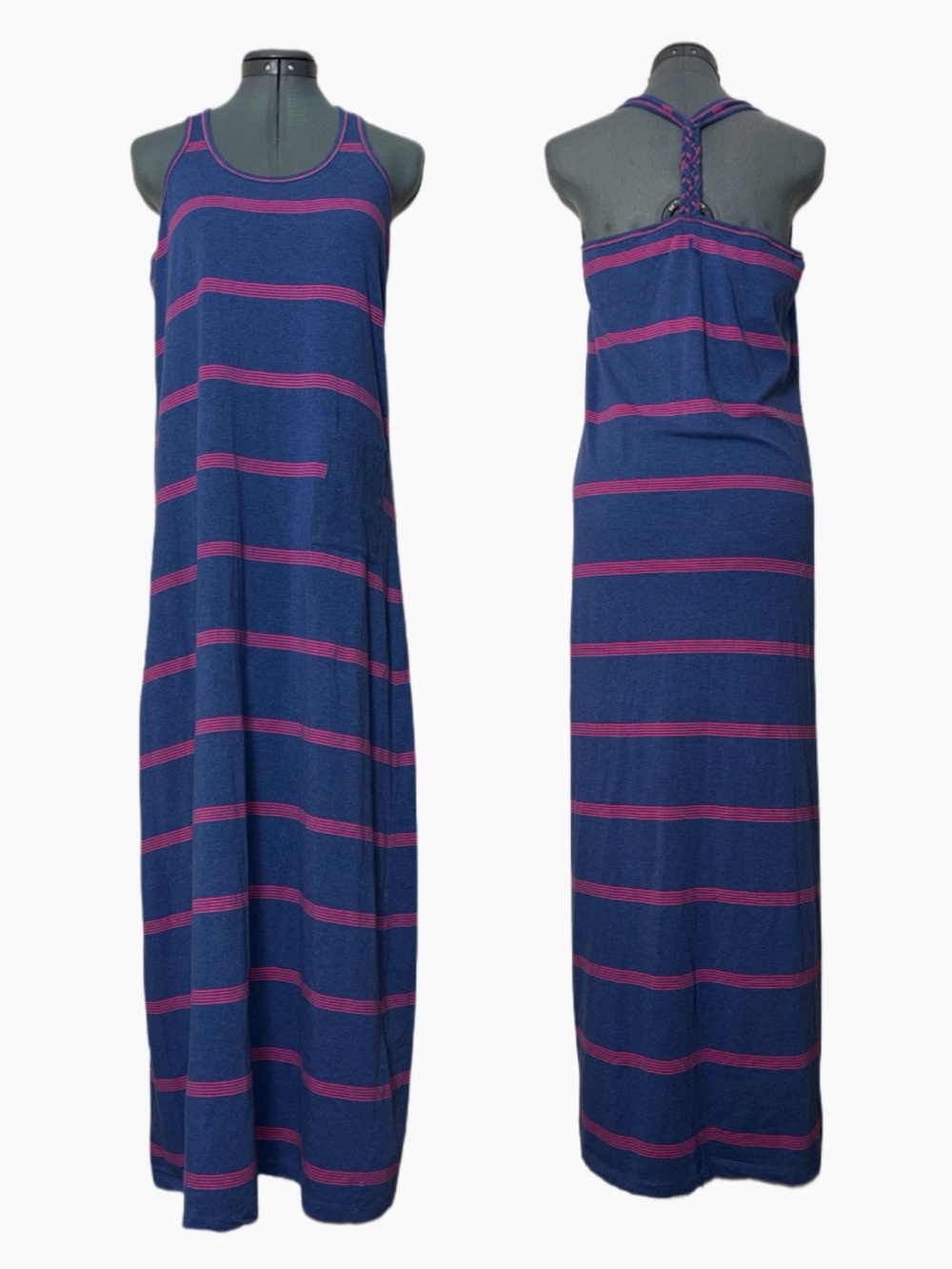 Lolë Halter tank maxi dress w/ patch pocket women's size large blue/pink stripe